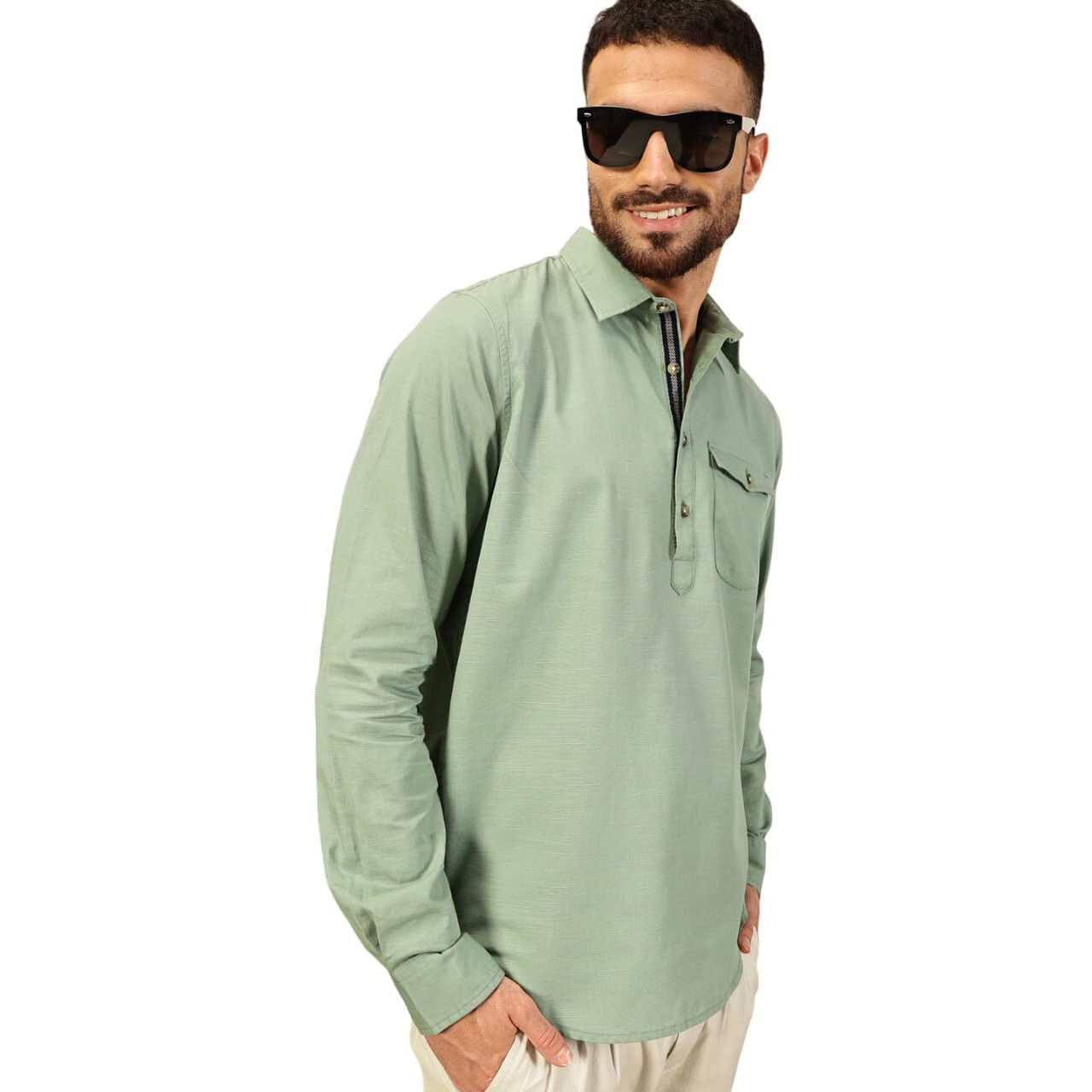 Thomas Scott Men Solid Cotton Linen Kurta Shirt (Ts1531_Green, M)