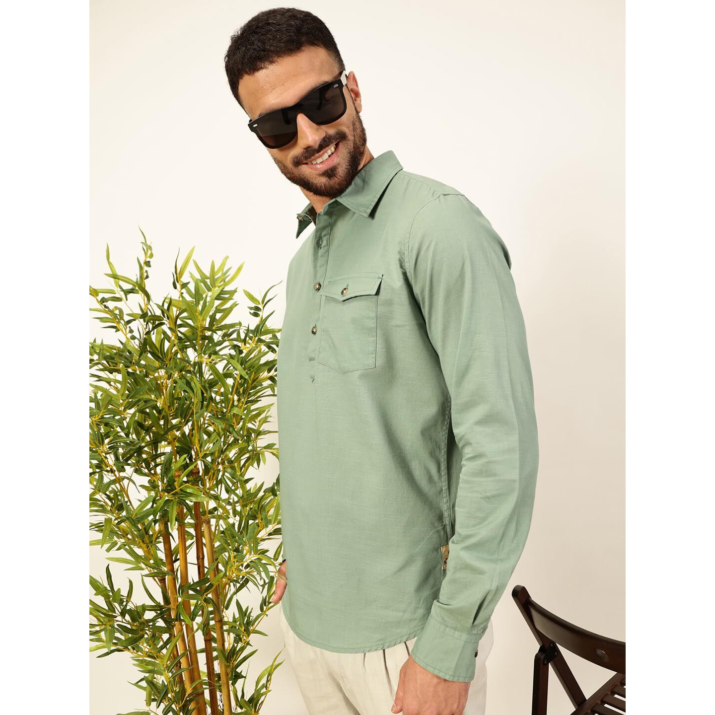 Thomas Scott Men Solid Cotton Linen Kurta Shirt (Ts1531_Green, M)