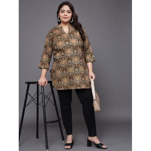 Tissu Women's Plus Size Brown Ethnic Motifs Printed Pure Cotton Kurti (2264_Brown_8Xl)