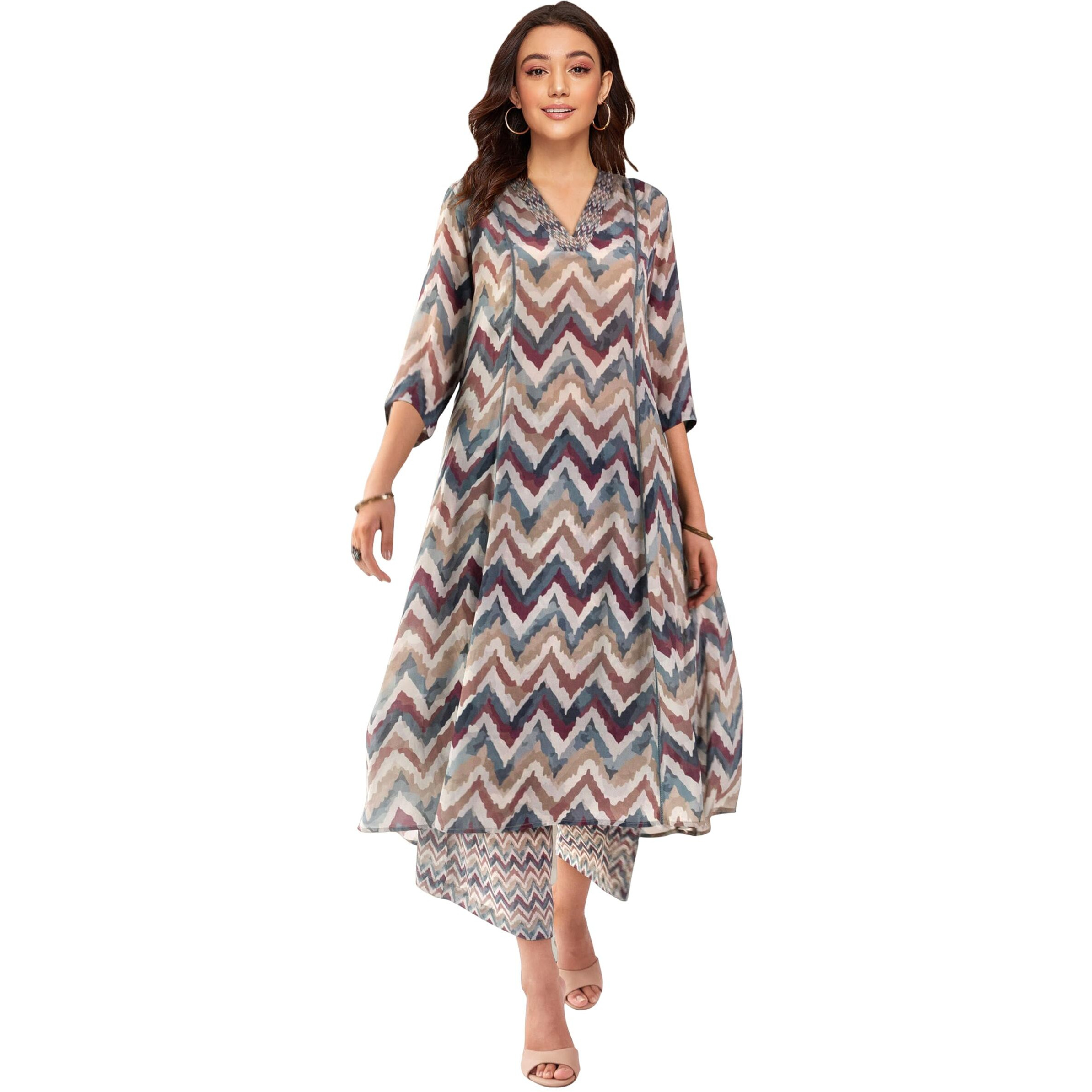 Toochki Kurta Sets For Women | Cotton Rayon | A Line Two Piece Kurtis | Anarkali | Multicolor Kurti Set | Chevron Printed Kurtas | Cord Set Dress