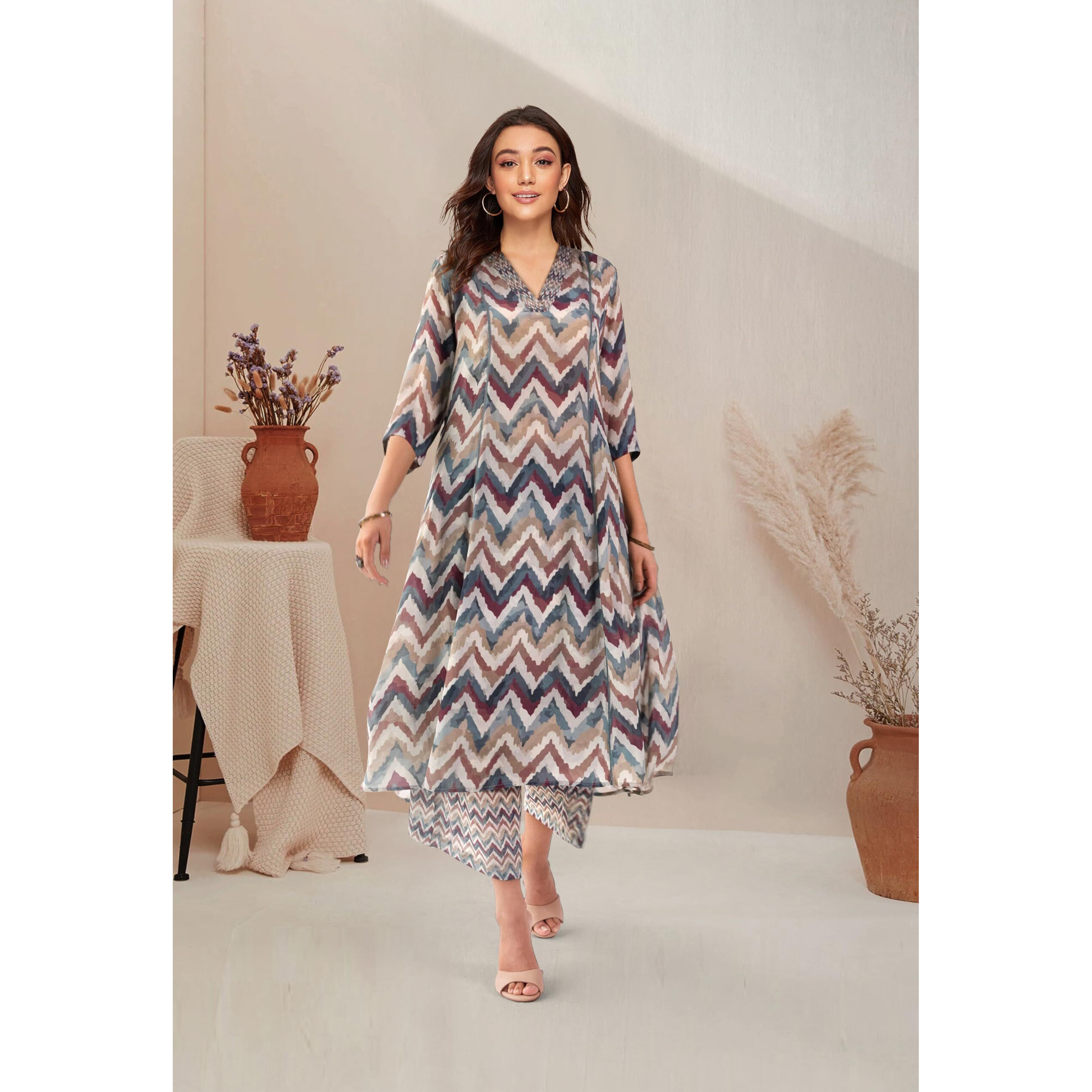 Toochki Kurta Sets For Women | Cotton Rayon | A Line Two Piece Kurtis | Anarkali | Multicolor Kurti Set | Chevron Printed Kurtas | Cord Set Dress