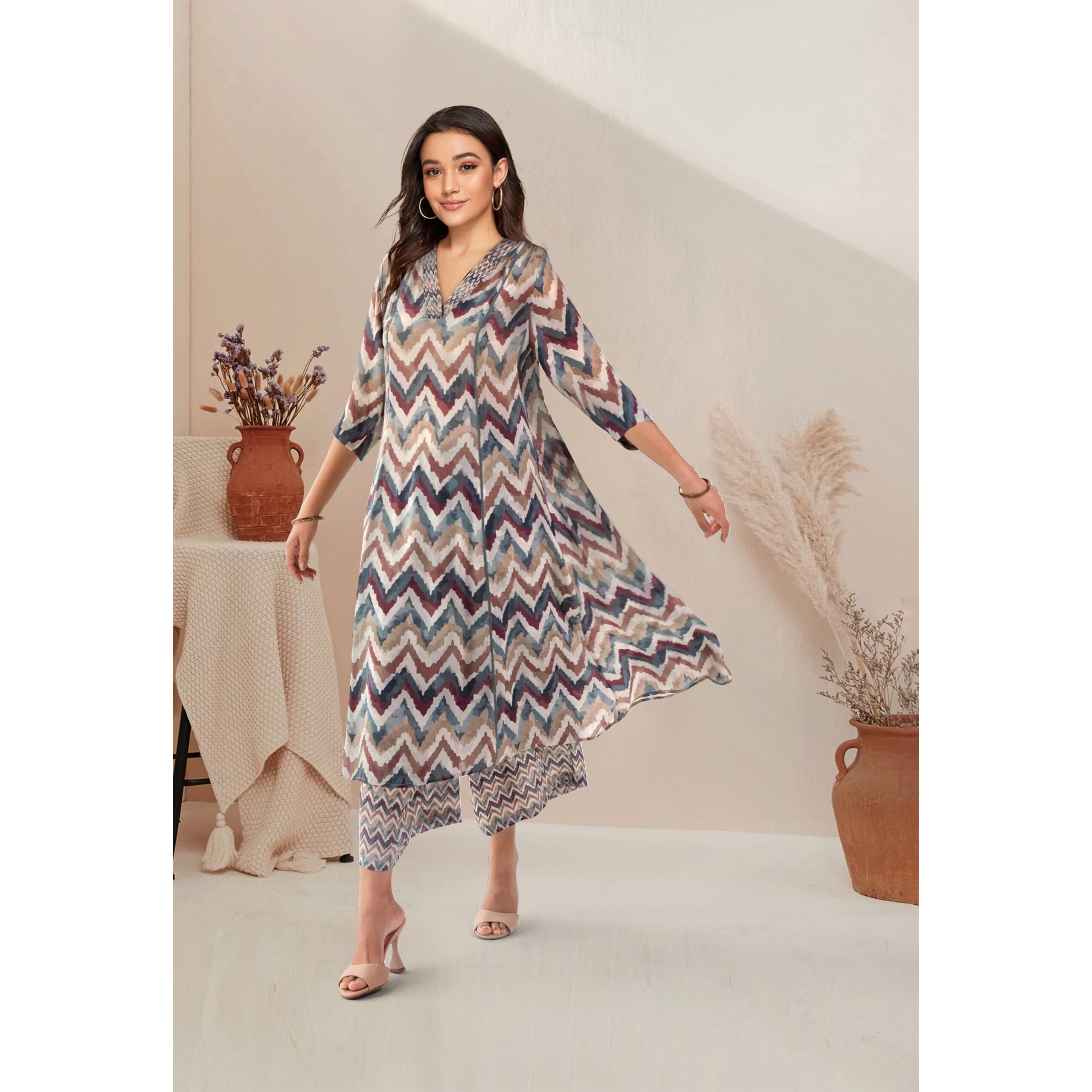 Toochki Kurta Sets For Women | Cotton Rayon | A Line Two Piece Kurtis | Anarkali | Multicolor Kurti Set | Chevron Printed Kurtas | Cord Set Dress