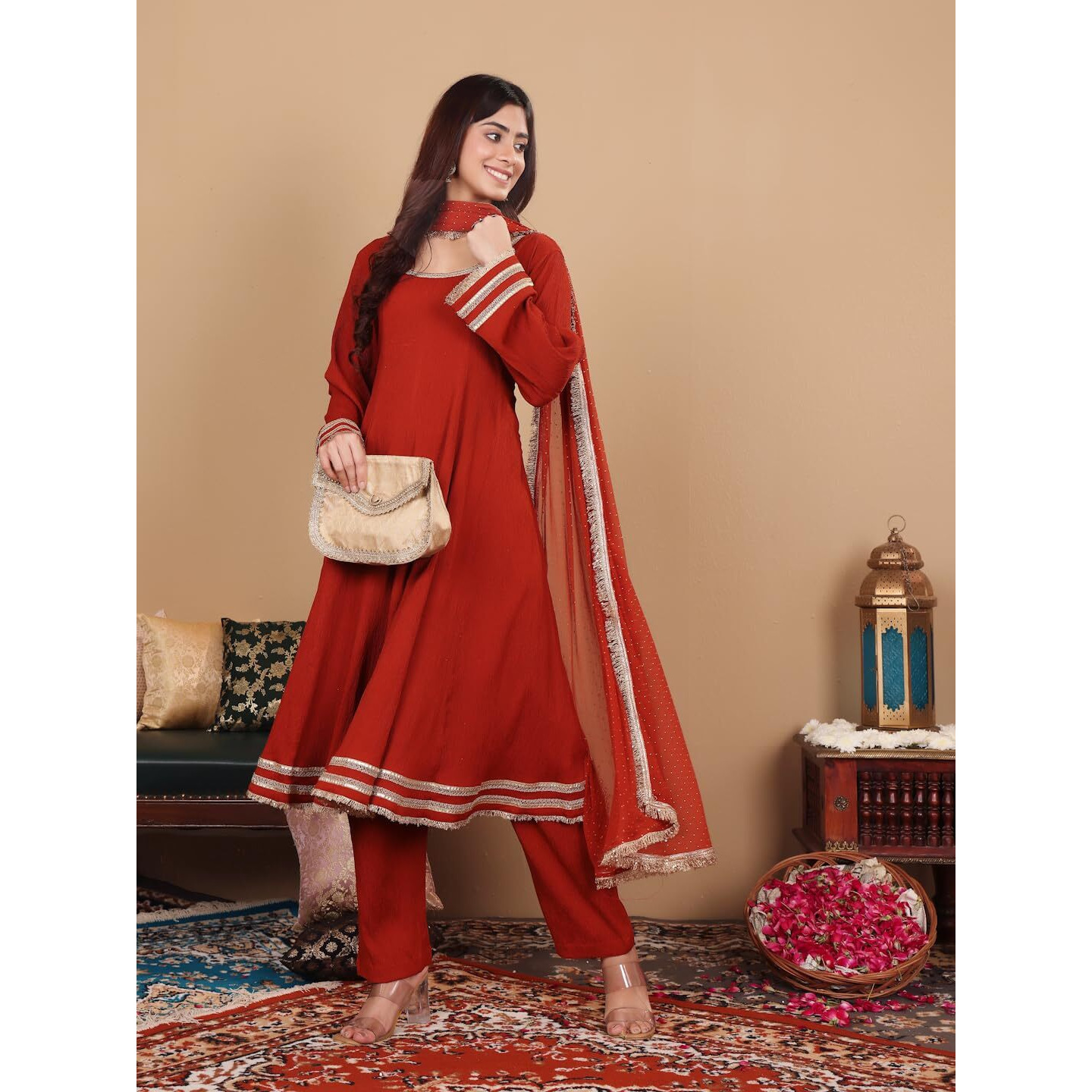 Varanga Women Crepe Zari And Sequins Embellished Lace Detailed Anarkali Kurta Set With Dupatta