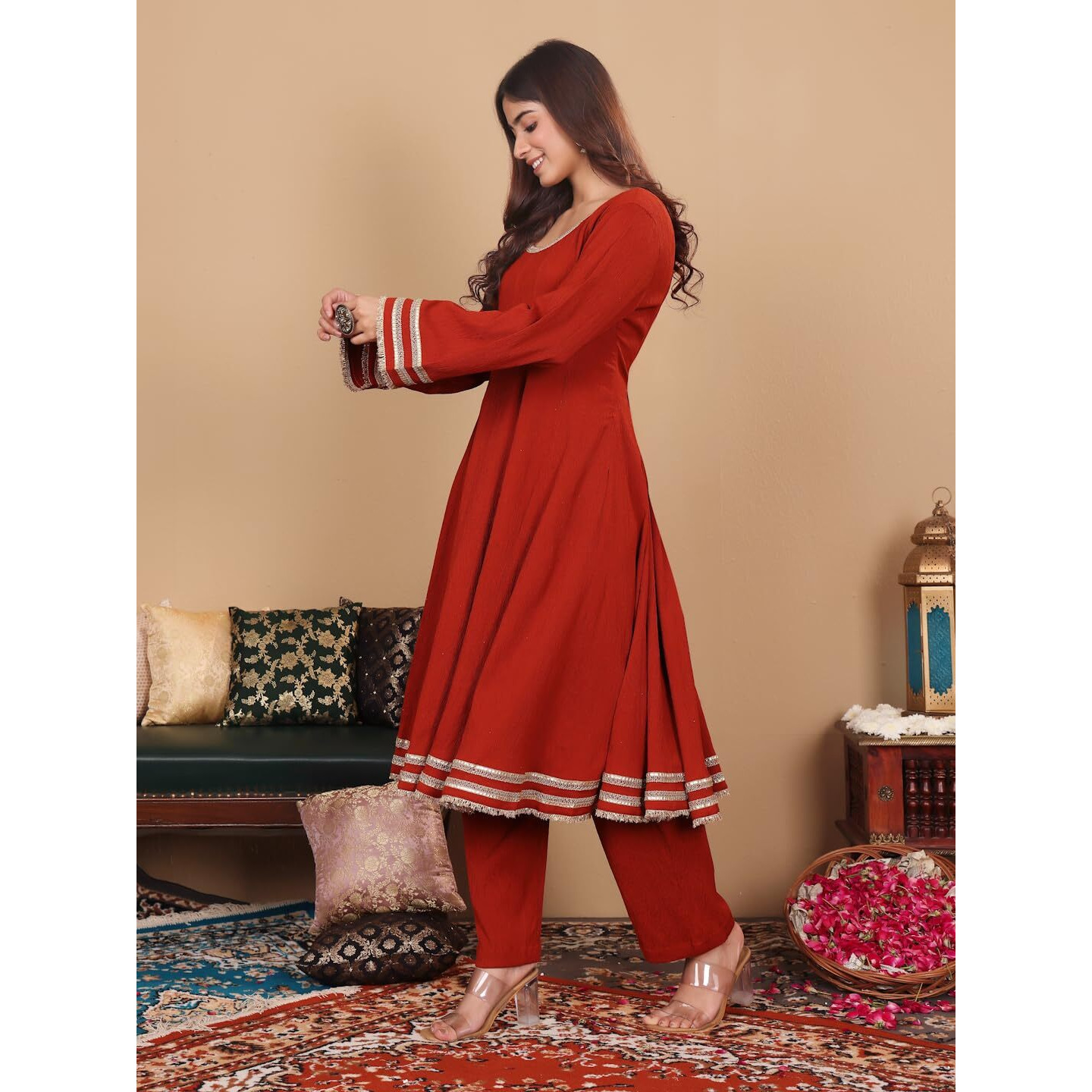 Varanga Women Crepe Zari And Sequins Embellished Lace Detailed Anarkali Kurta Set With Dupatta