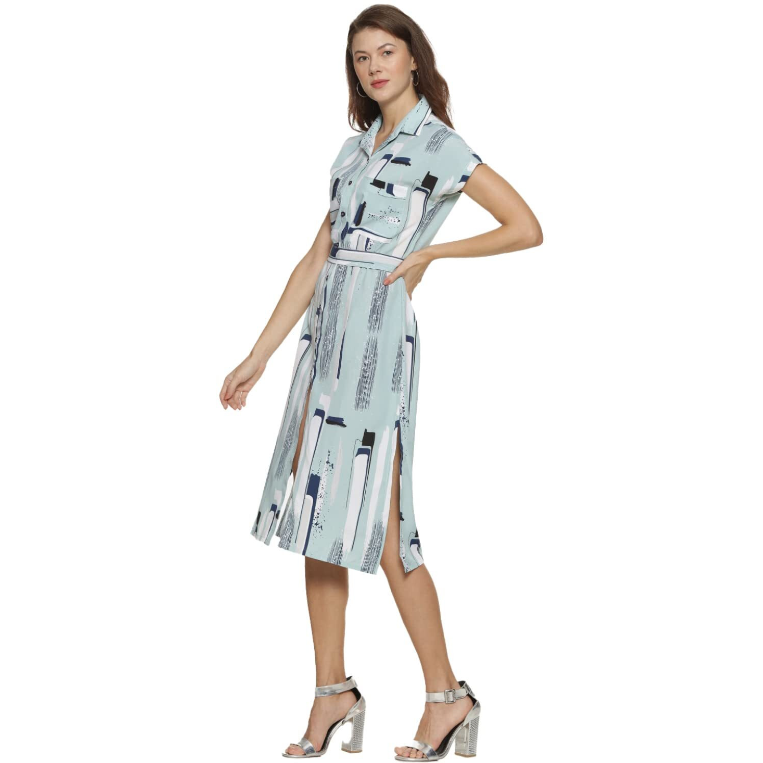 Campus Sutra Women Abstract Print A-Line Dress With Patch Pocket(Suaz_Dresabs01_W_Pln_Gre_L) Green