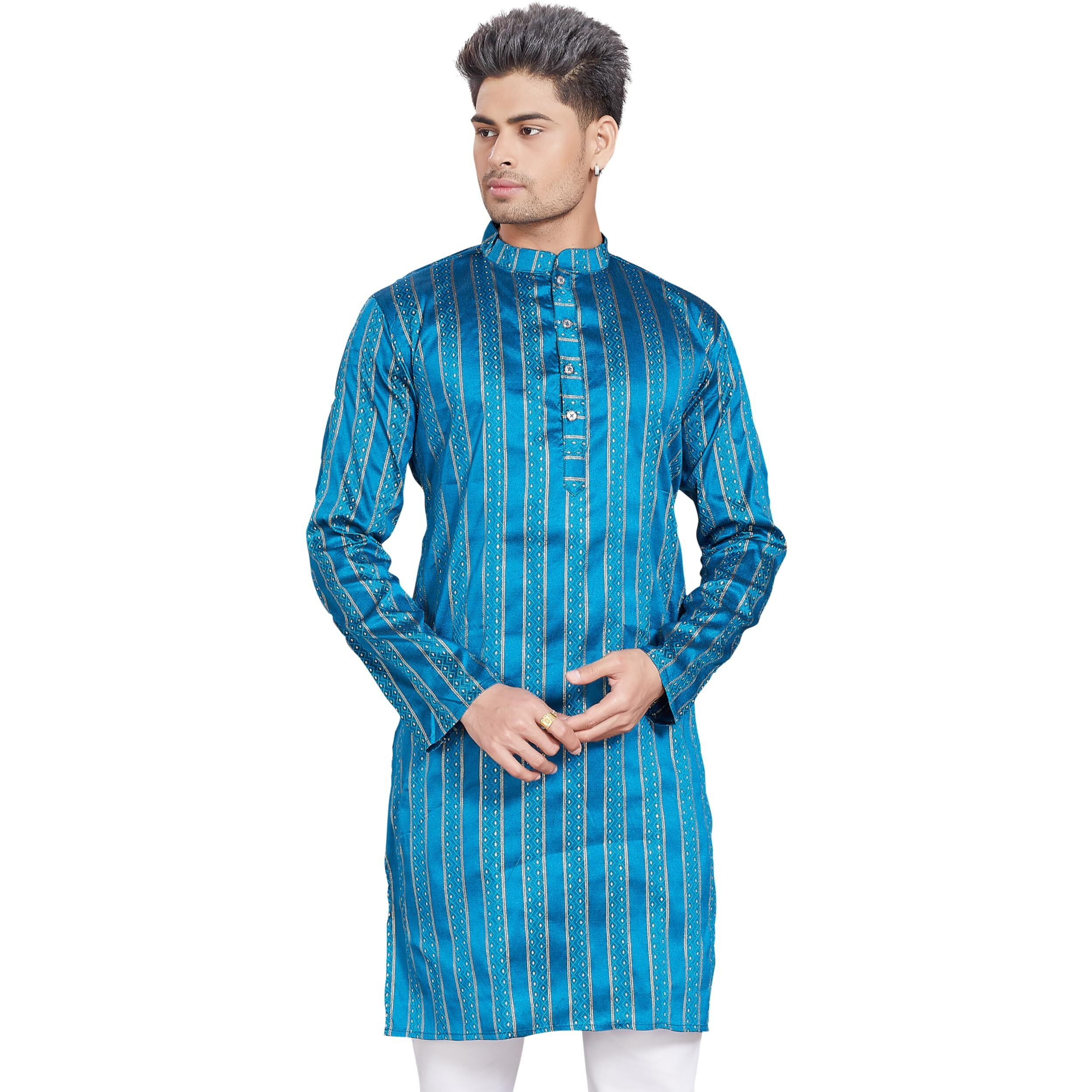 Divisive Men's Self Woven Jequard Art Silk Slim Fit Only Kurta (Dkrt474_S_P Blue)