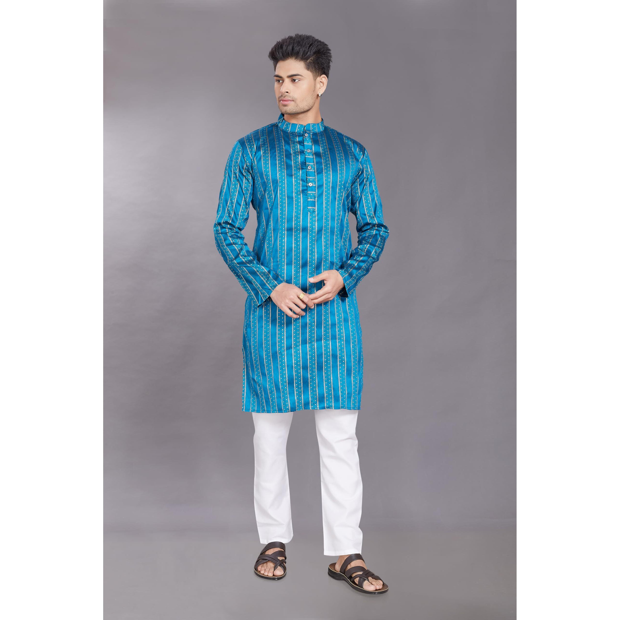 Divisive Men's Self Woven Jequard Art Silk Slim Fit Only Kurta (Dkrt474_S_P Blue)