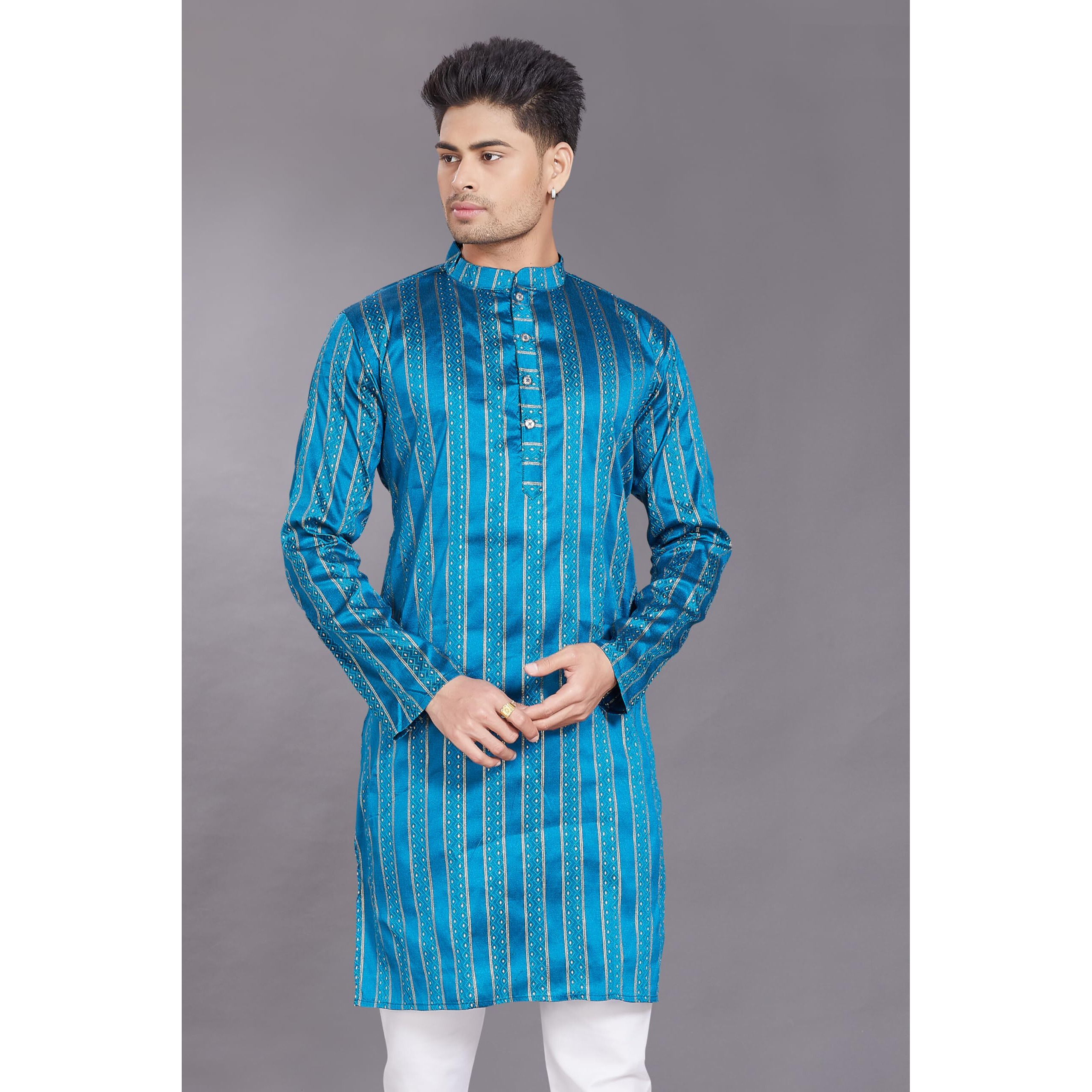 Divisive Men's Self Woven Jequard Art Silk Slim Fit Only Kurta (Dkrt474_S_P Blue)
