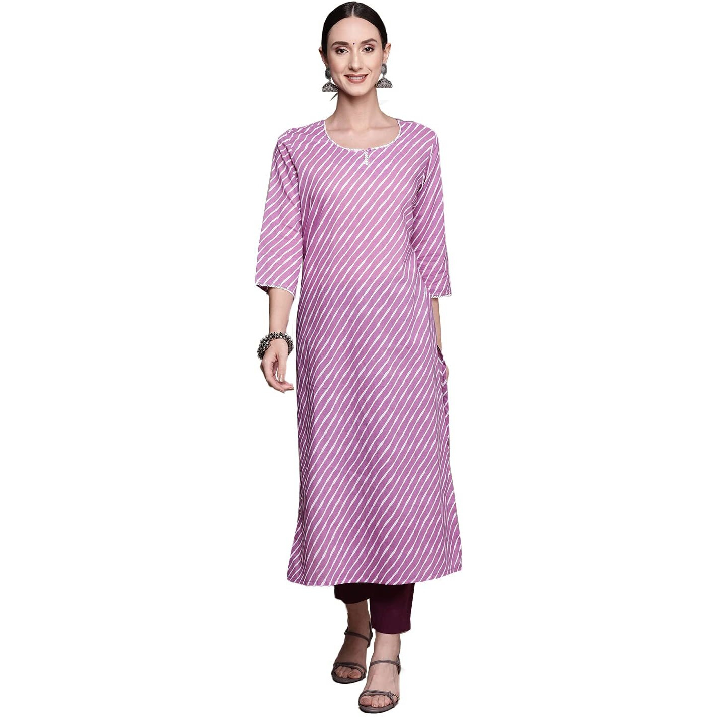 Ishin Women's Cotton A-Line Printed Sequins Leheriya Print Purple Kurti Inwka0341_Pl_S_Purple