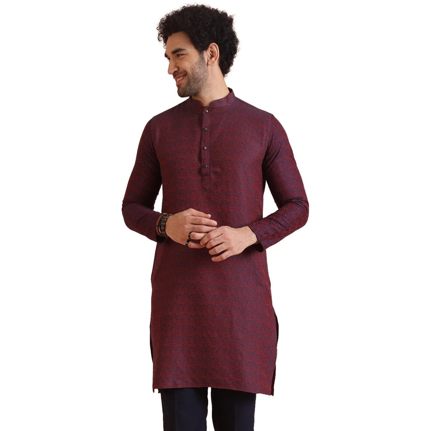 Kisah Men's Kurta, Purple Silk Blend, Jacquard Regular Fit Mandarin Collar Long Sleeves (42)