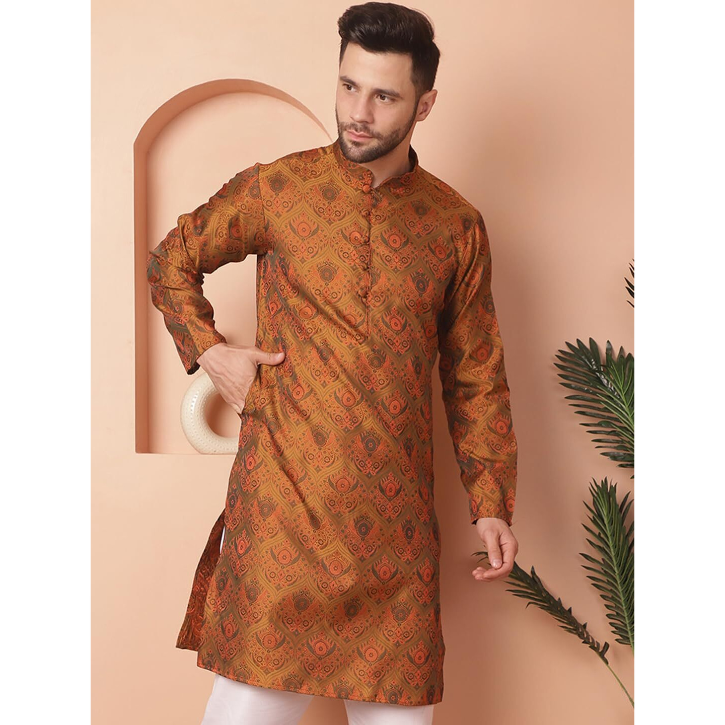 Jompers Men's Mustard Silk Blend Straight Kurtas (Mustard, Xl)