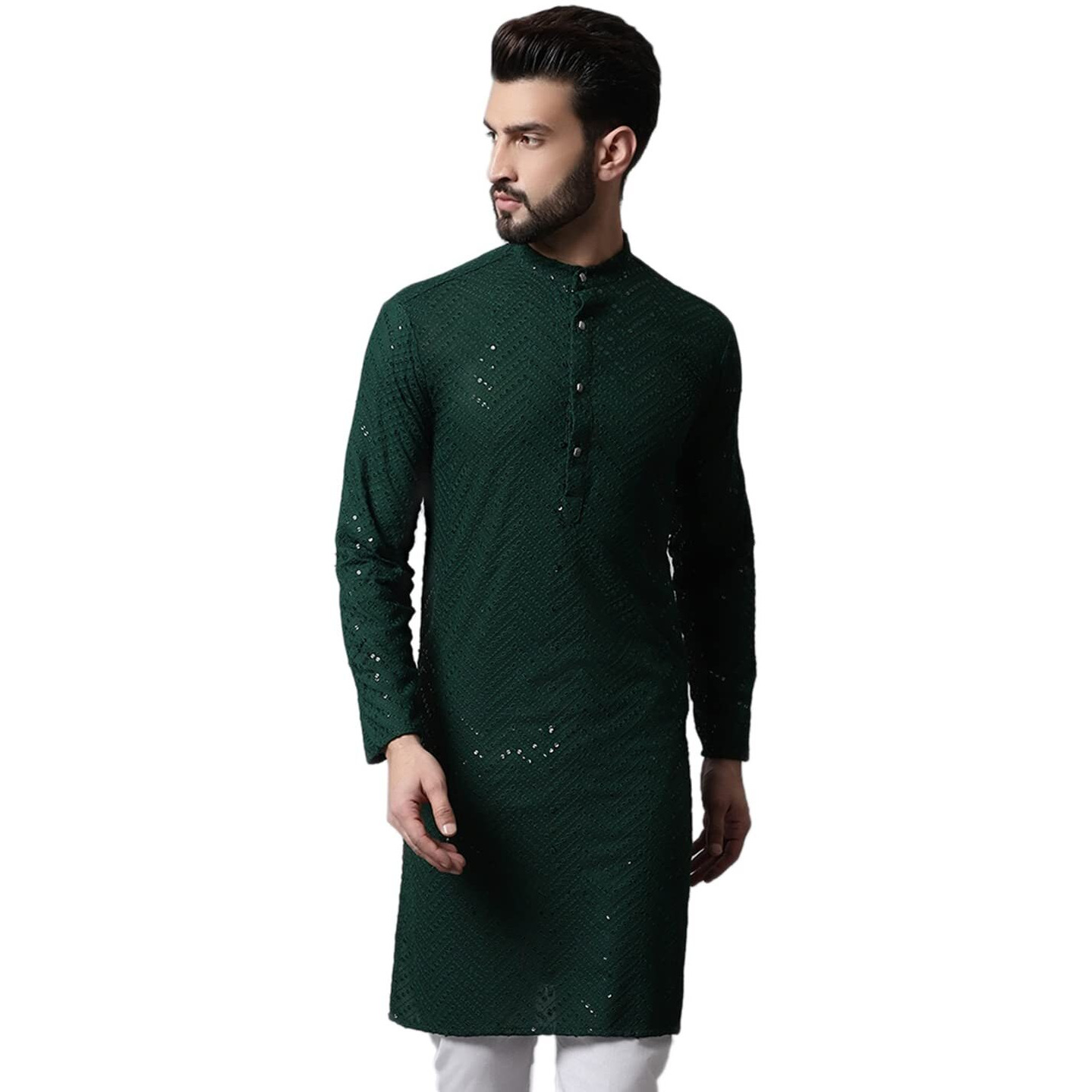 Jompers Men Embroidered Sequinned Kurta Only (Olive, M)