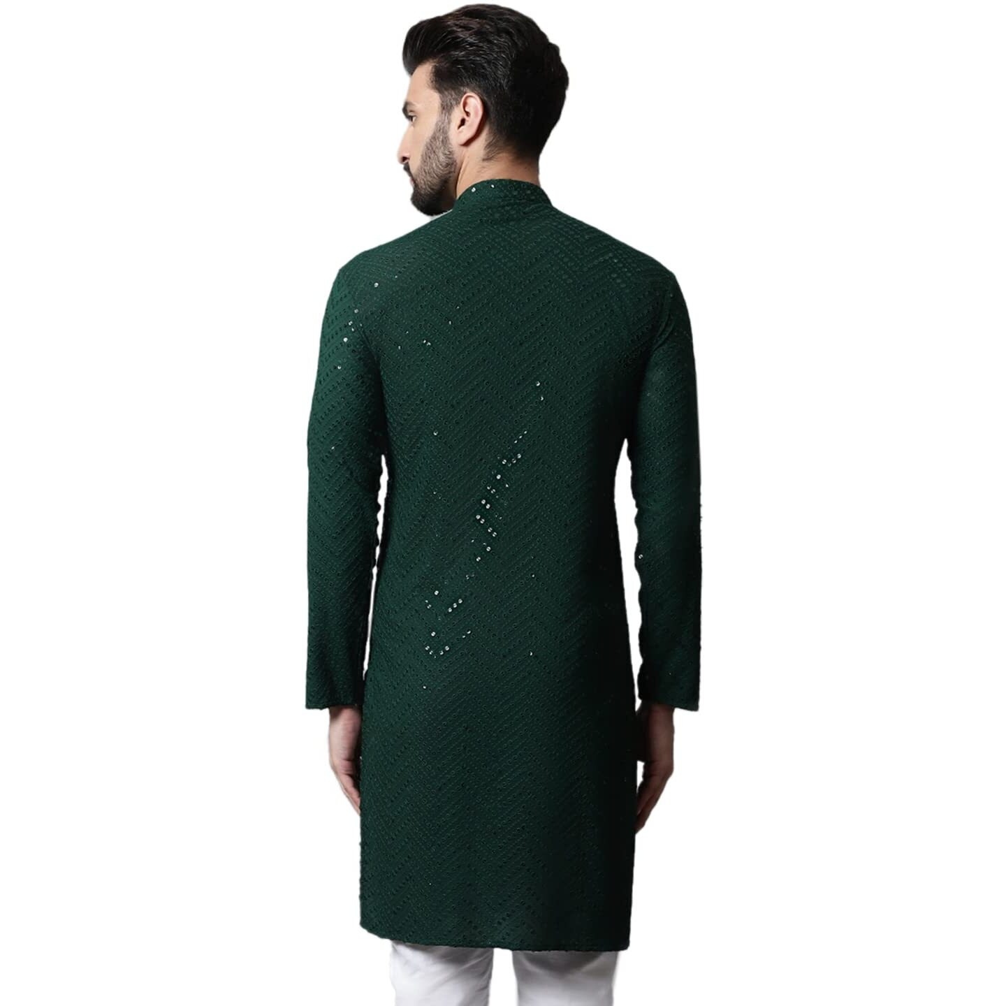Jompers Men Embroidered Sequinned Kurta Only (Olive, M)