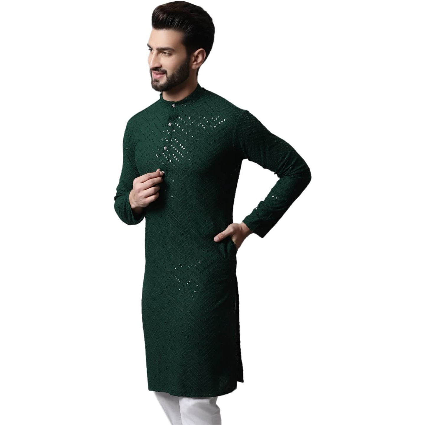 Jompers Men Embroidered Sequinned Kurta Only (Olive, M)