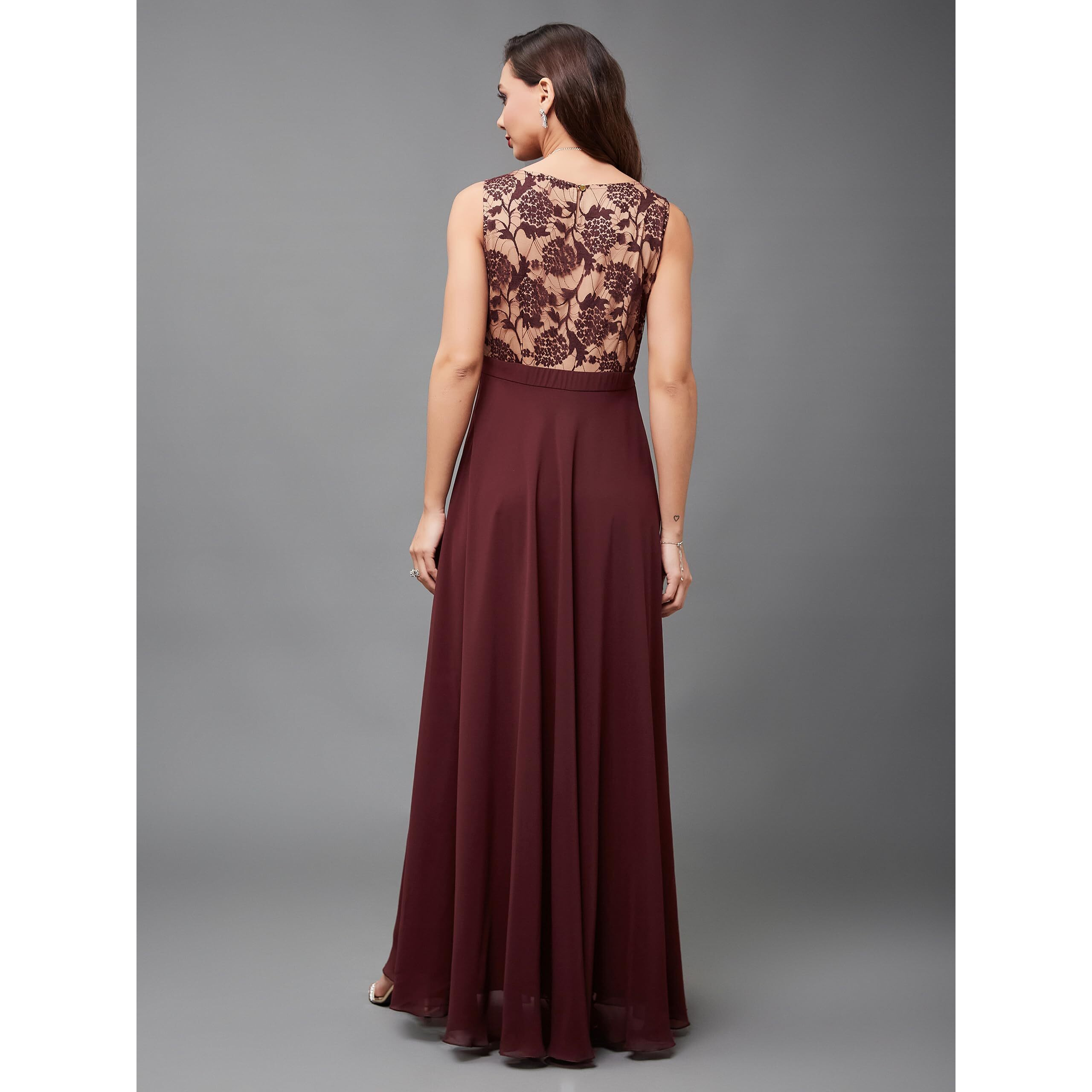 Miss Chase Women's Round Neck Sleeveless Floral Lace Fit & Flare Maxi Dress (Plus (Mcss24D97-10-603-03, Beige & Wine, S)