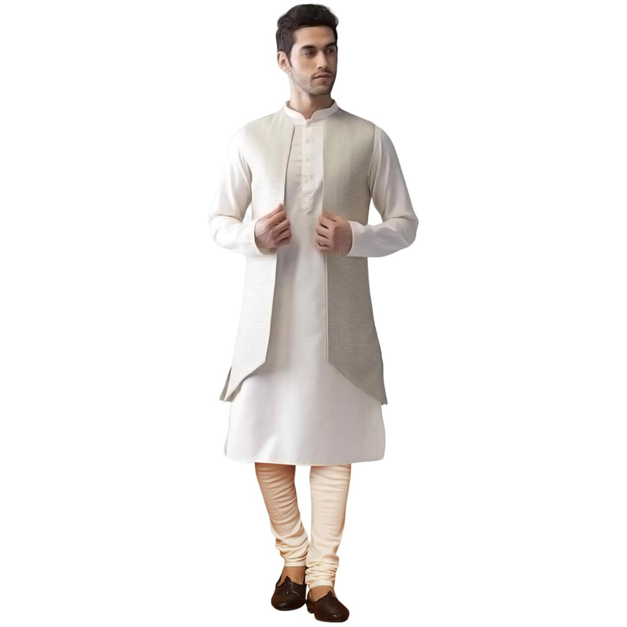Kisah Men's Cotton Blend Full Sleeves Regular Fit Self Design Cream Kurta Jacket Churidar Set (L)