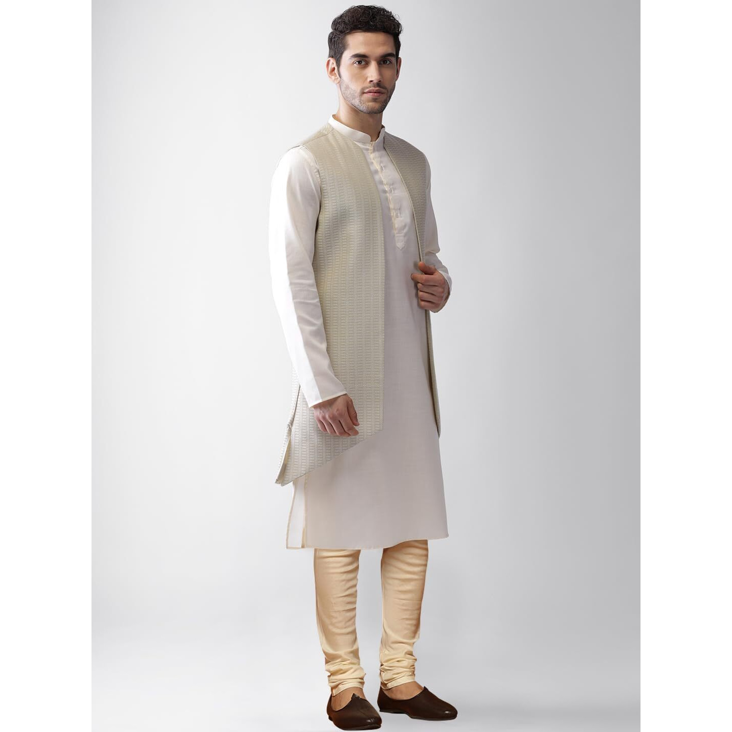 Kisah Men's Cotton Blend Full Sleeves Regular Fit Self Design Cream Kurta Jacket Churidar Set (L)