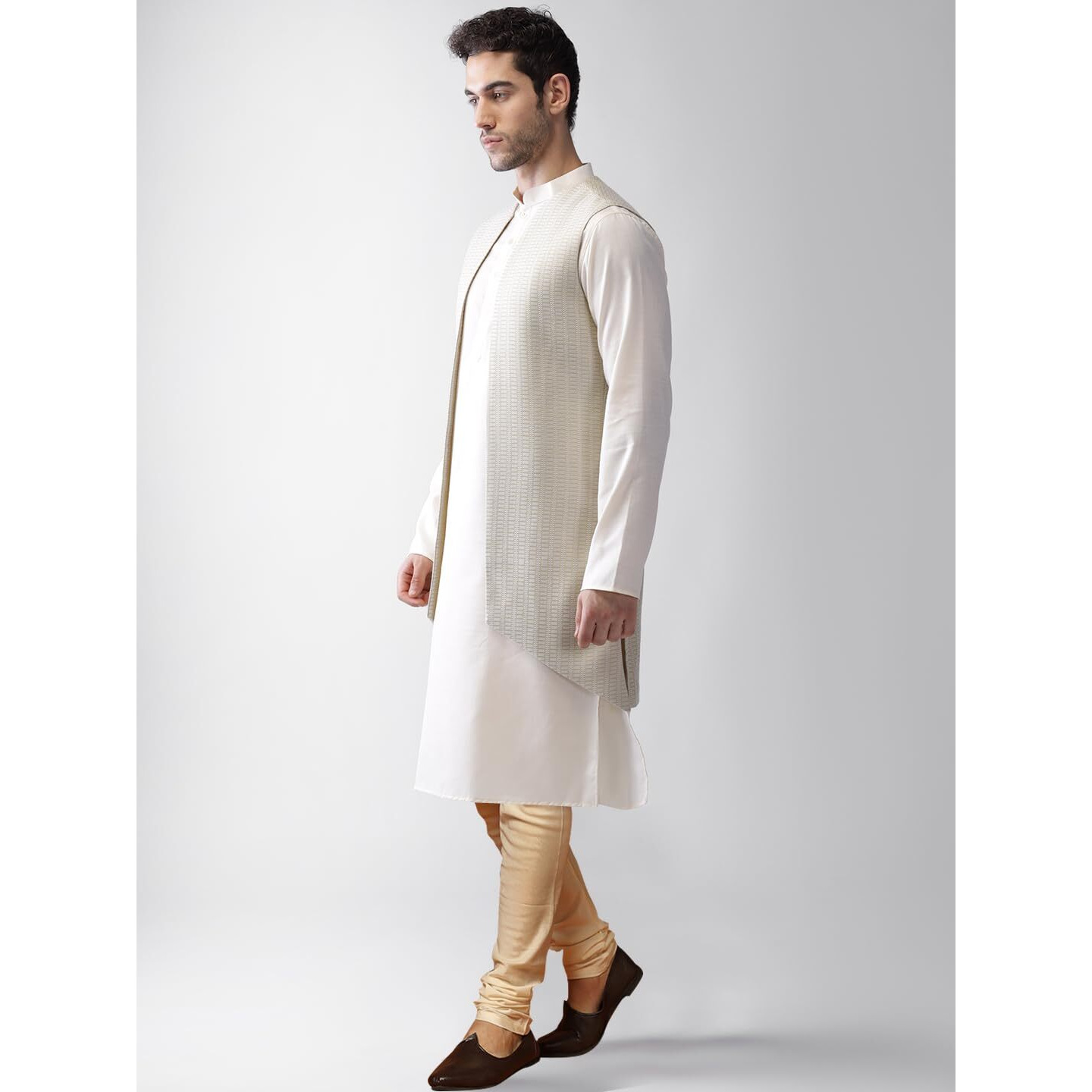 Kisah Men's Cotton Blend Full Sleeves Regular Fit Self Design Cream Kurta Jacket Churidar Set (L)