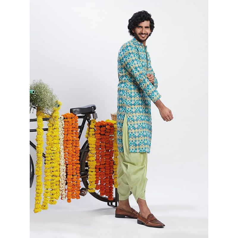 Kisah Men's Kurta Dhoti Set, Blue Pure Cotton, Geometric Regular Fit Mandarin Collar Long Sleeves (L)