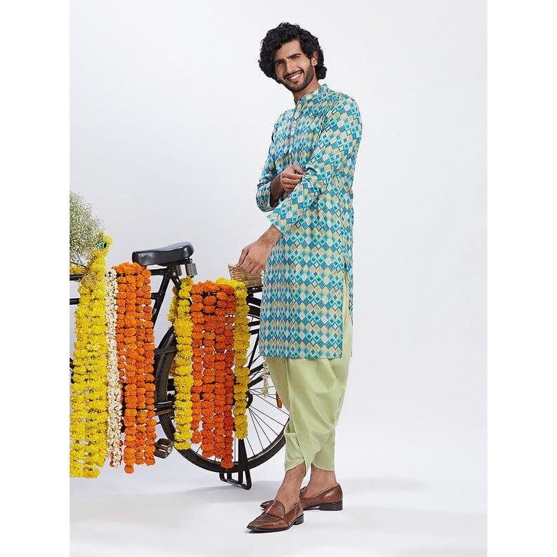 Kisah Men's Kurta Dhoti Set, Blue Pure Cotton, Geometric Regular Fit Mandarin Collar Long Sleeves (L)