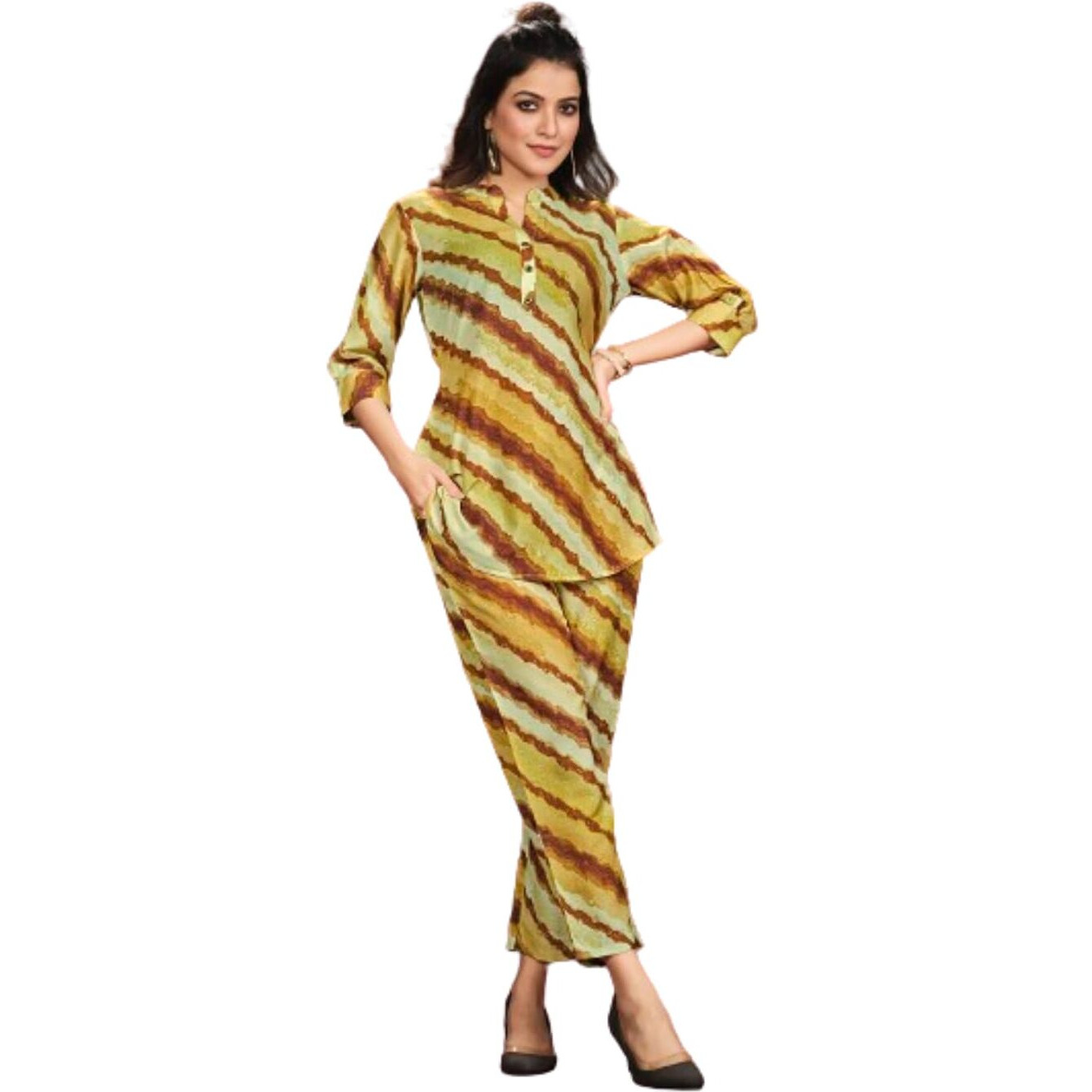 Nainvish Women's Polyester Printed Straight V-Neck Co-Ord Top & Pant Set (Sd594_Kb-S_Yellow)