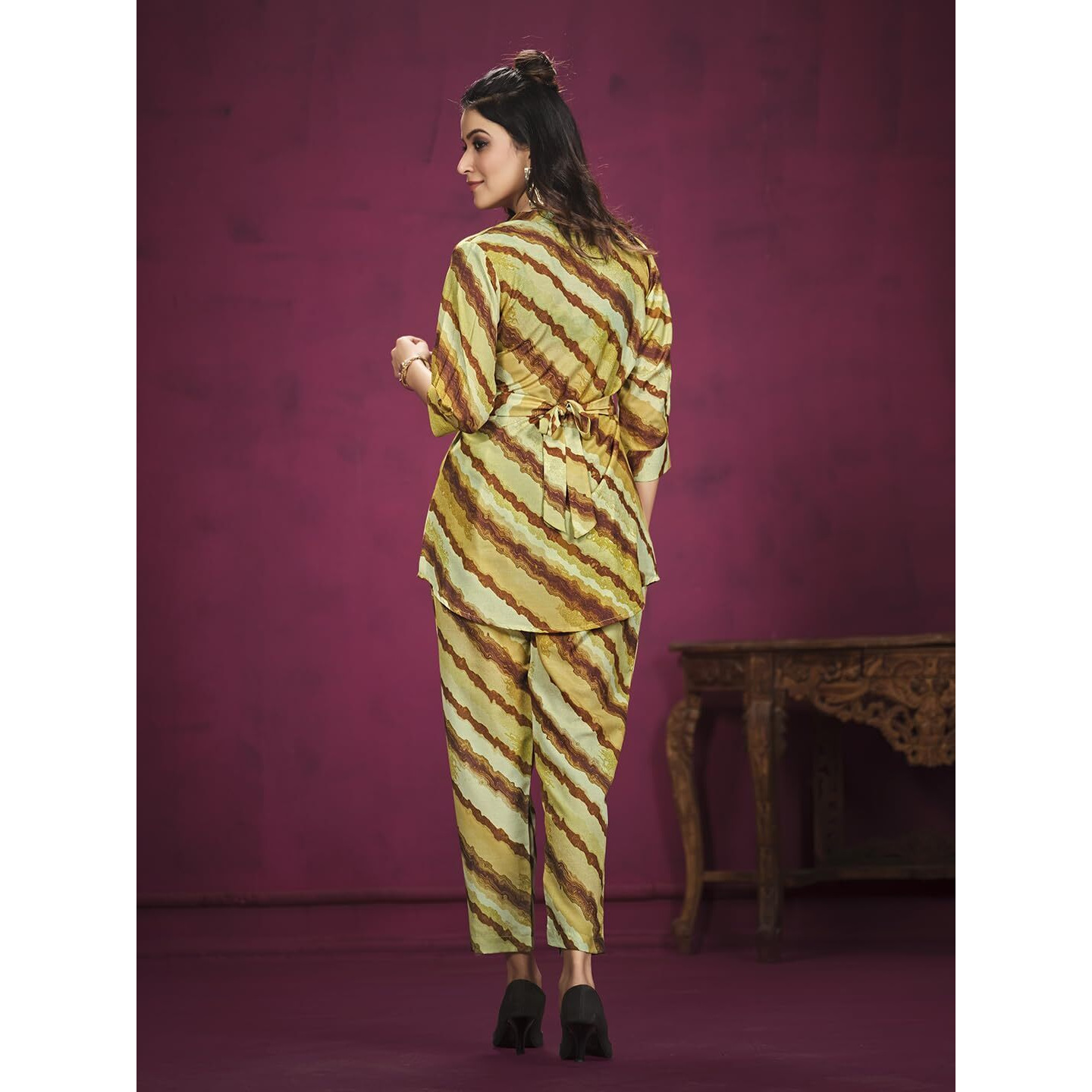 Nainvish Women's Polyester Printed Straight V-Neck Co-Ord Top & Pant Set (Sd594_Kb-S_Yellow)