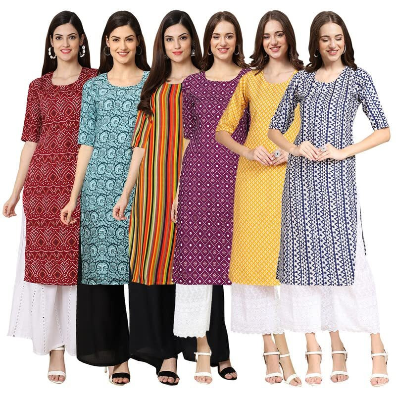 Pinkmint Women's Crepe Digital Print Straight Kurta [Pack Of 6] Multicolour