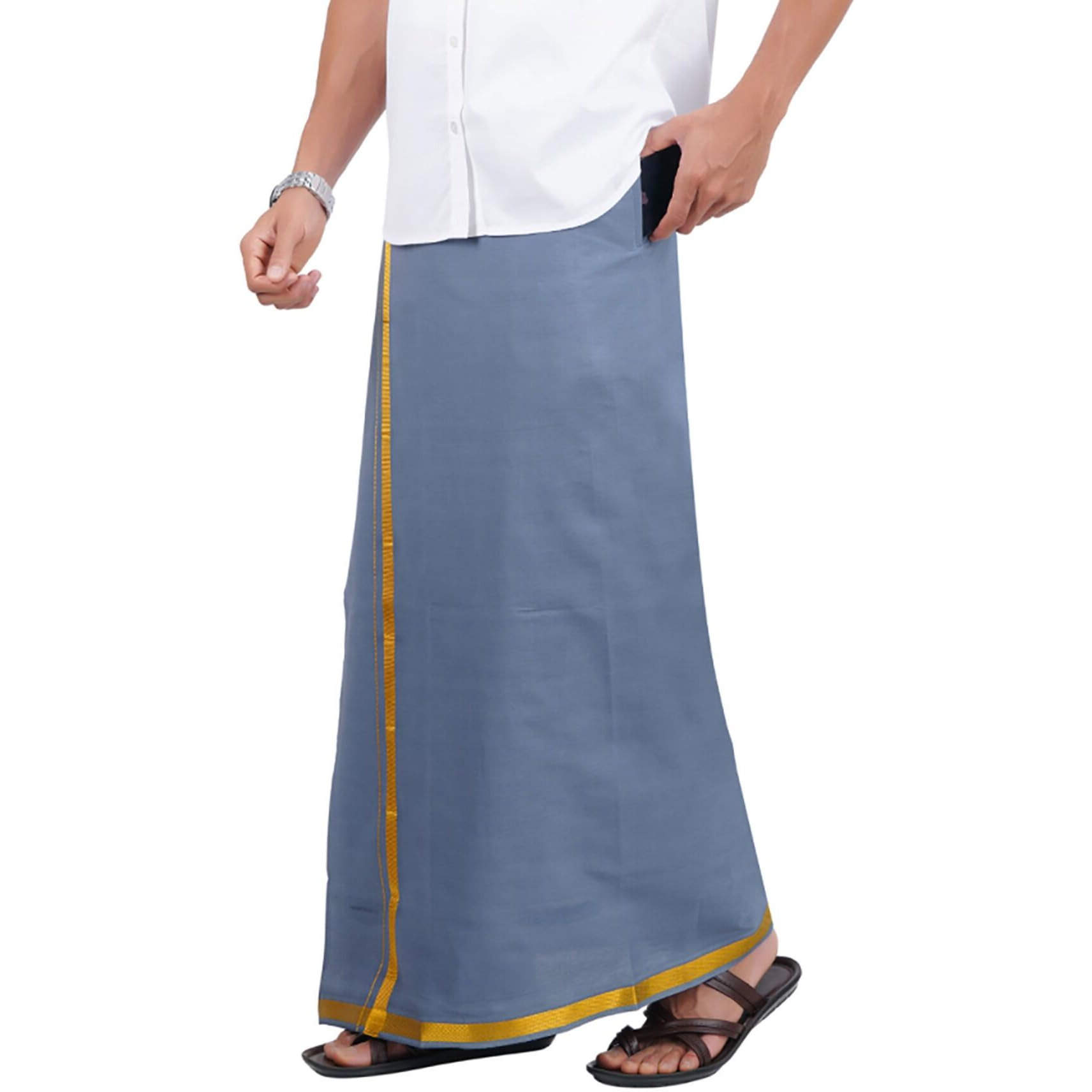 Prakasam Cotton Mens Ash Colour Jari Cotton Flexi Size Welcro Pocket Dhoti (Jari-Ash)-Small