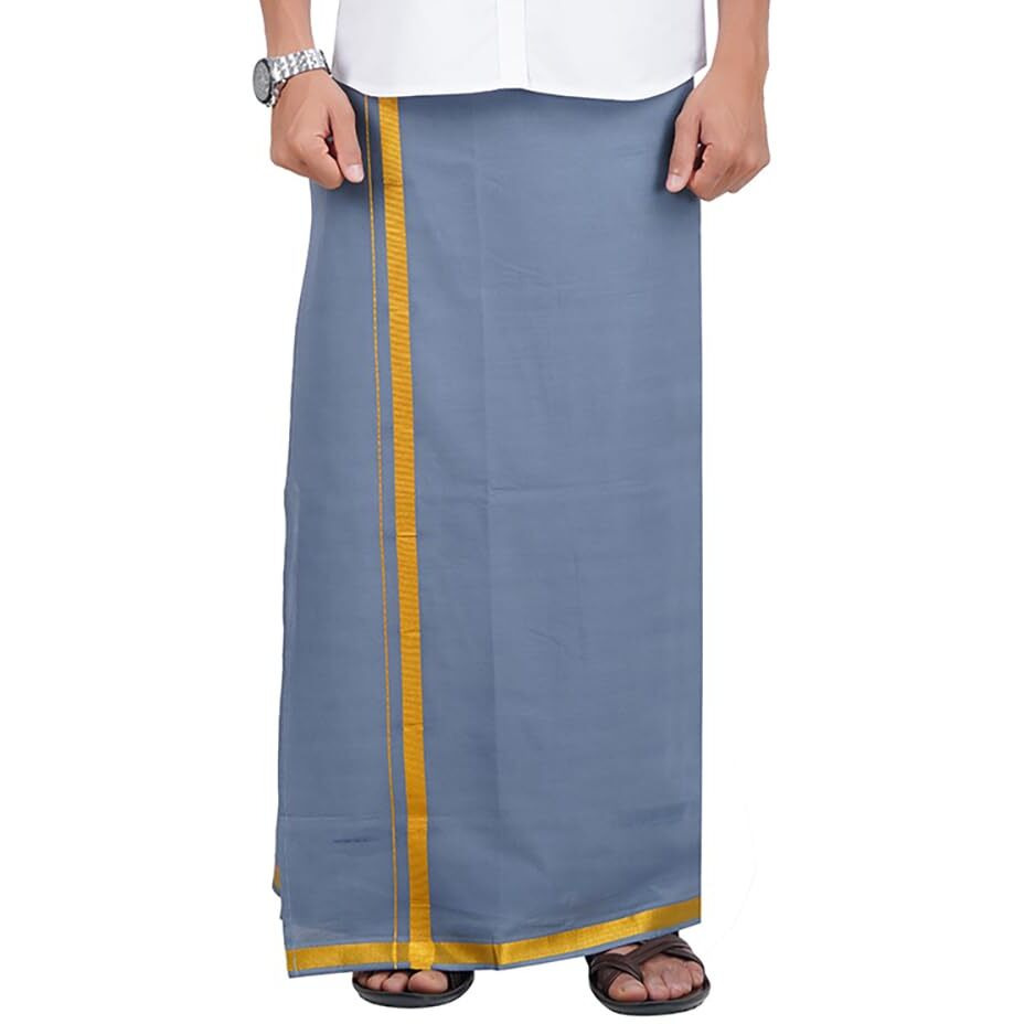 Prakasam Cotton Mens Ash Colour Jari Cotton Flexi Size Welcro Pocket Dhoti (Jari-Ash)-Small