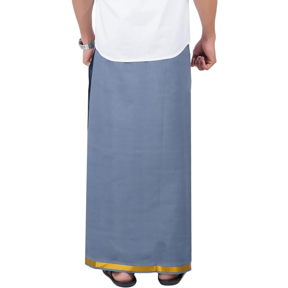 Prakasam Cotton Mens Ash Colour Jari Cotton Flexi Size Welcro Pocket Dhoti (Jari-Ash)-Small