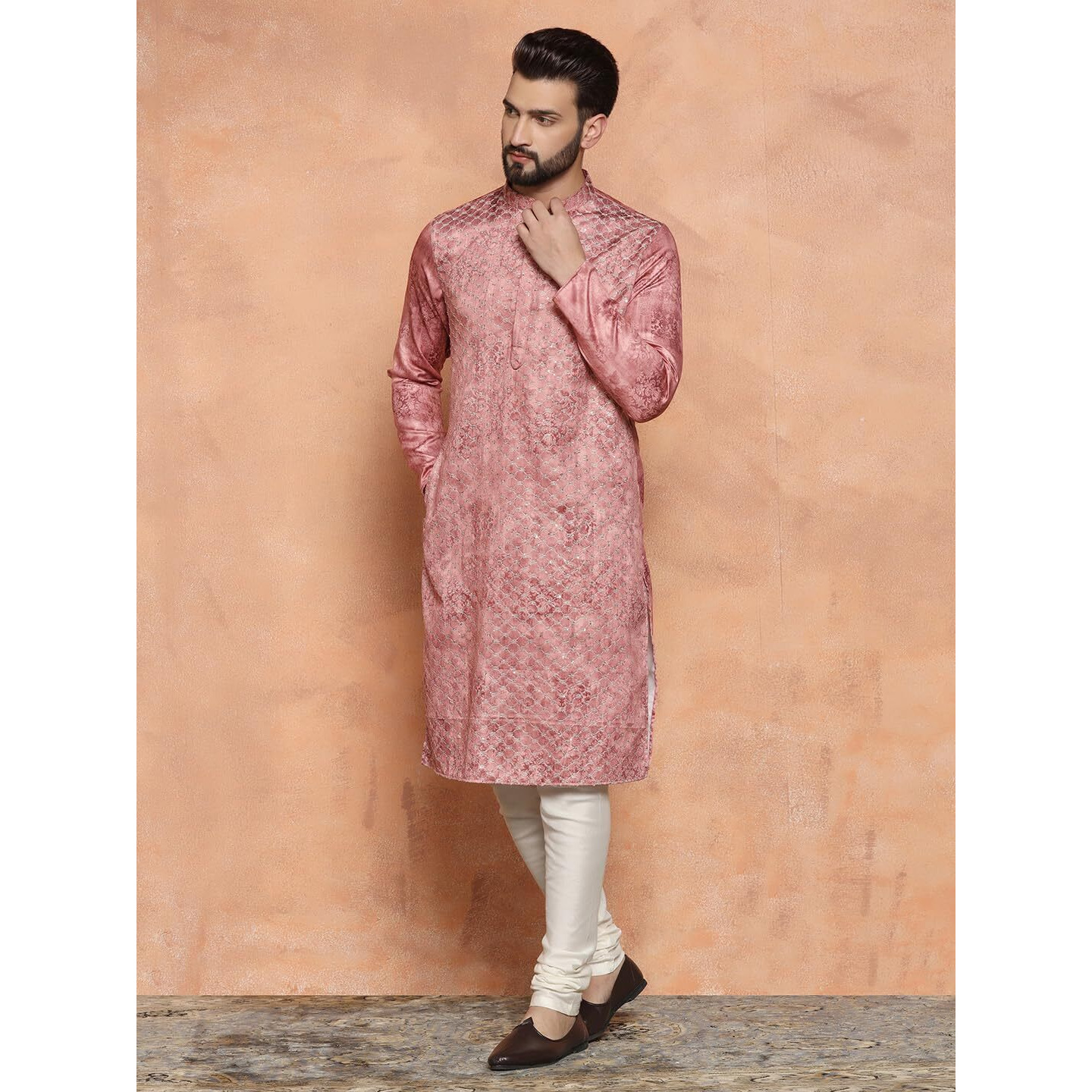 Kisah Men's Regular Fit Embroidered Silk Blend Light Pink Kurta Churidar Set|38