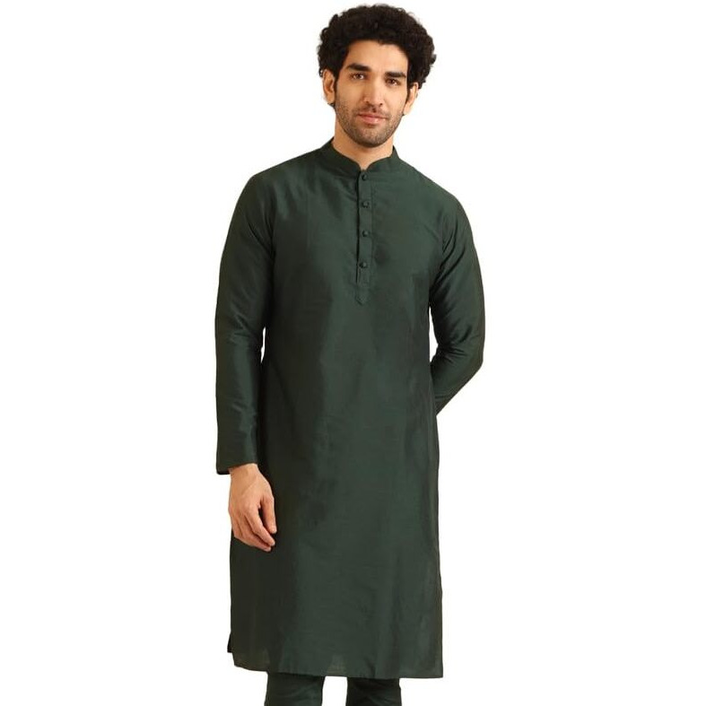 Kisah Men's Kurta, Bottle Green Cotton Blend, Solid Regular Fit Mandarin Collar Long Sleeves (44)