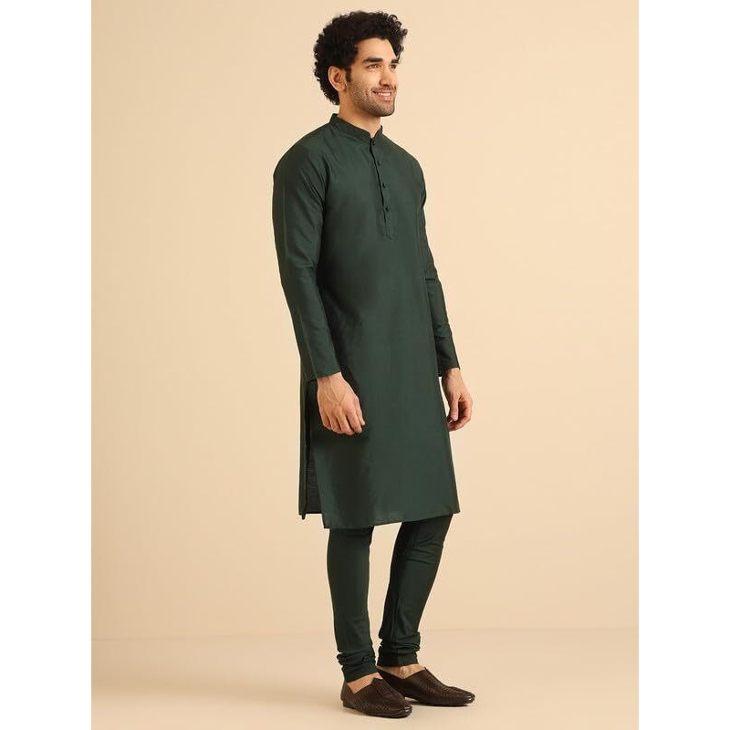 Kisah Men's Kurta, Bottle Green Cotton Blend, Solid Regular Fit Mandarin Collar Long Sleeves (44)