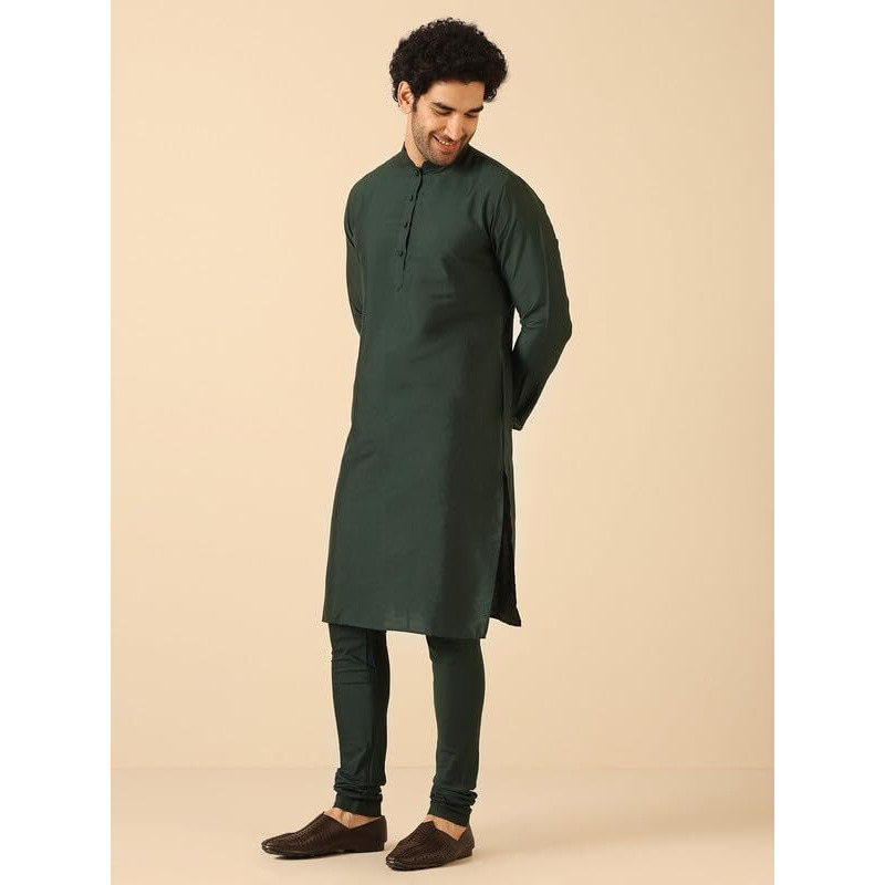 Kisah Men's Kurta, Bottle Green Cotton Blend, Solid Regular Fit Mandarin Collar Long Sleeves (44)