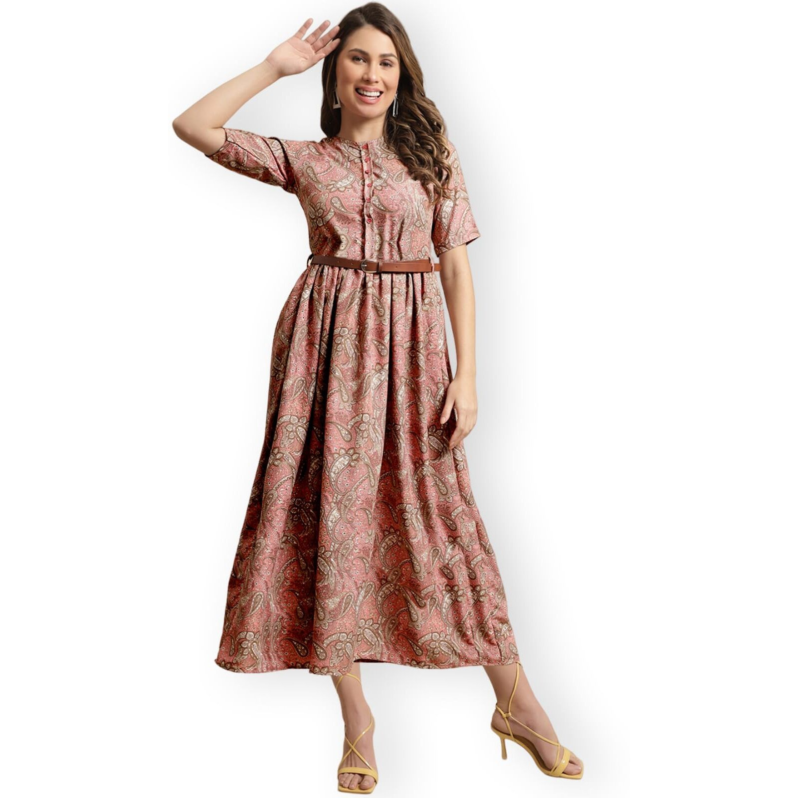 Preneum Women's Brown Fit And Flare Printed Maxi Dress With Belt_106 S