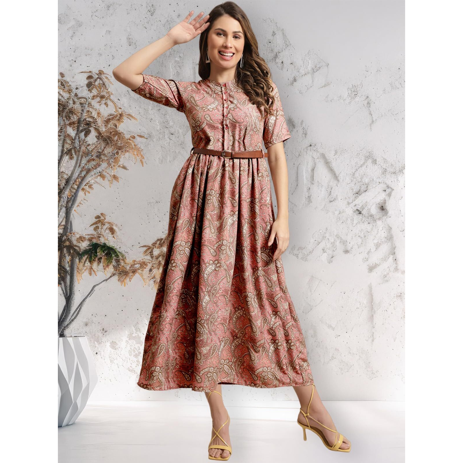 Preneum Women's Brown Fit And Flare Printed Maxi Dress With Belt_106 S