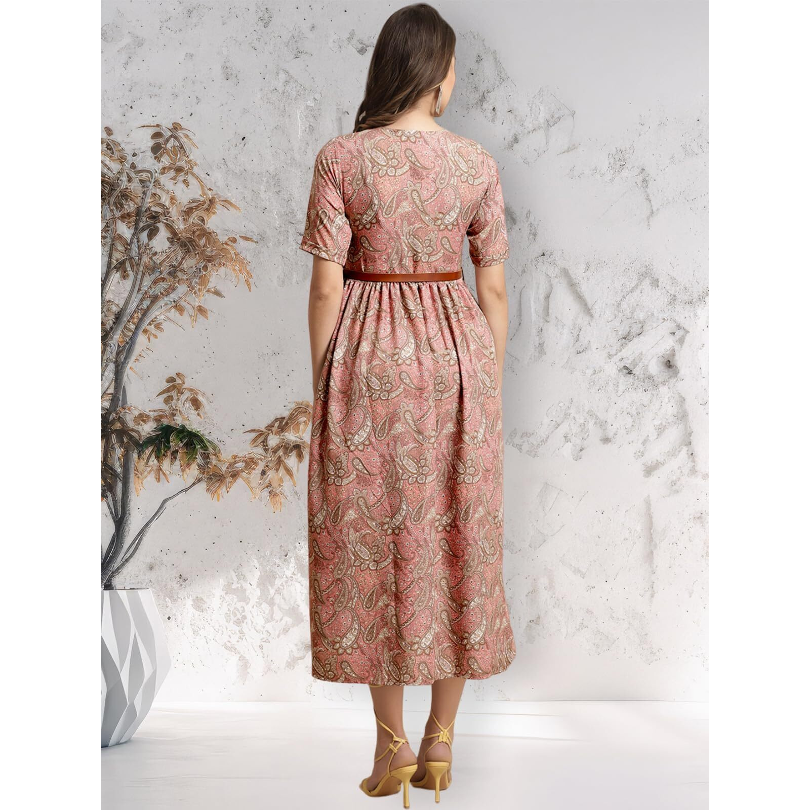 Preneum Women's Brown Fit And Flare Printed Maxi Dress With Belt_106 S