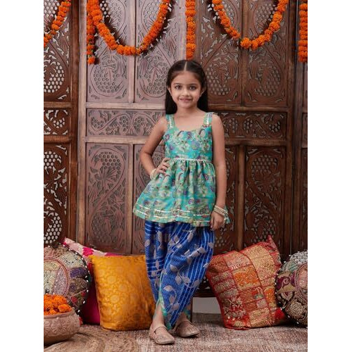 Pspeaches Girl's Cotton Blend Dhoti Set (Dh-Bluekota-6-7Y_Blue