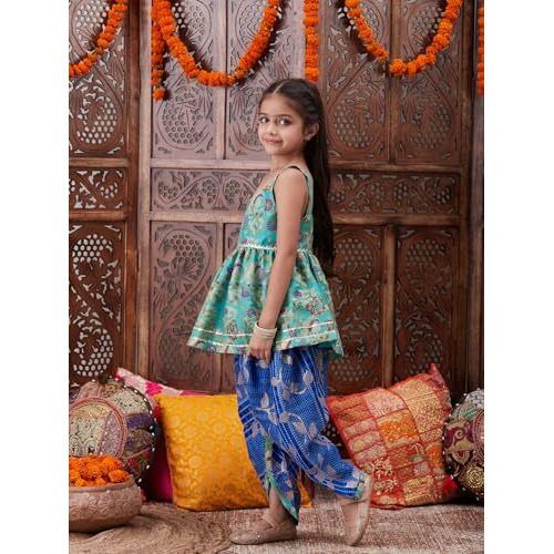Pspeaches Girl's Cotton Blend Dhoti Set (Dh-Bluekota-6-7Y_Blue