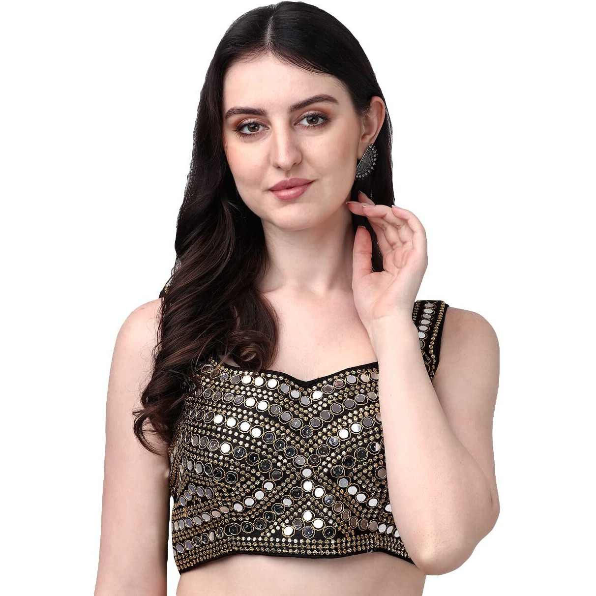 Pujia Mills Women's Phantom Silk Real Mirror Hand Work Readymade Saree Blouse (Sleeves Attached Inside)(Mirror Blouse Pm_Black_38 Size+Margin)
