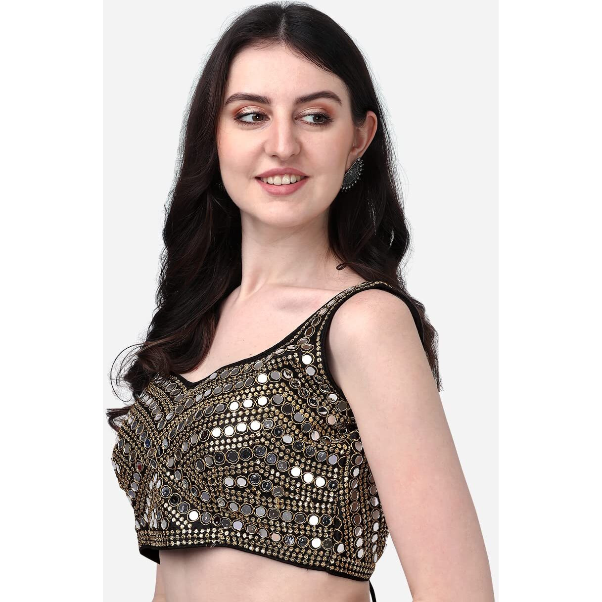 Pujia Mills Women's Phantom Silk Real Mirror Hand Work Readymade Saree Blouse (Sleeves Attached Inside)(Mirror Blouse Pm_Black_38 Size+Margin)