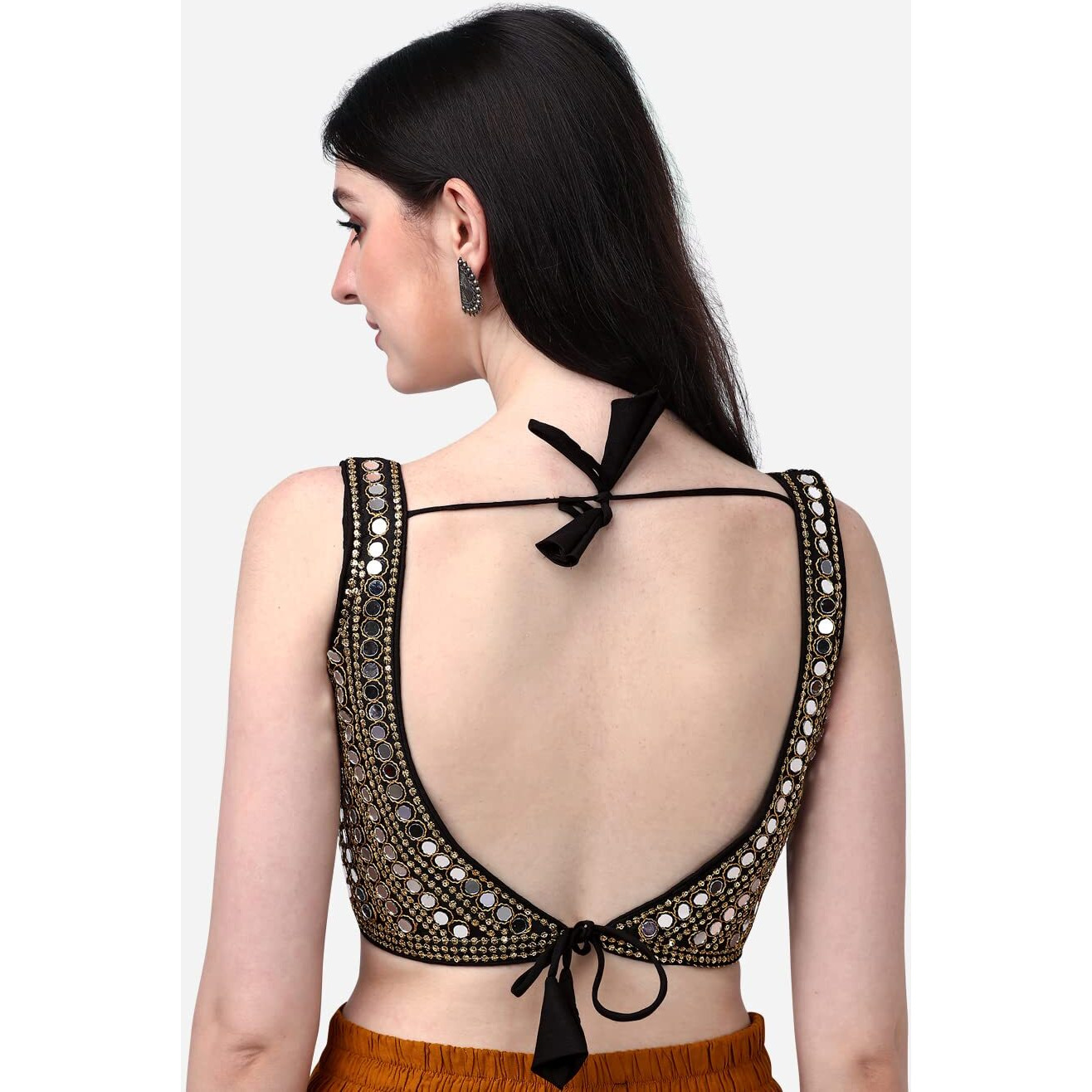 Pujia Mills Women's Phantom Silk Real Mirror Hand Work Readymade Saree Blouse (Sleeves Attached Inside)(Mirror Blouse Pm_Black_38 Size+Margin)