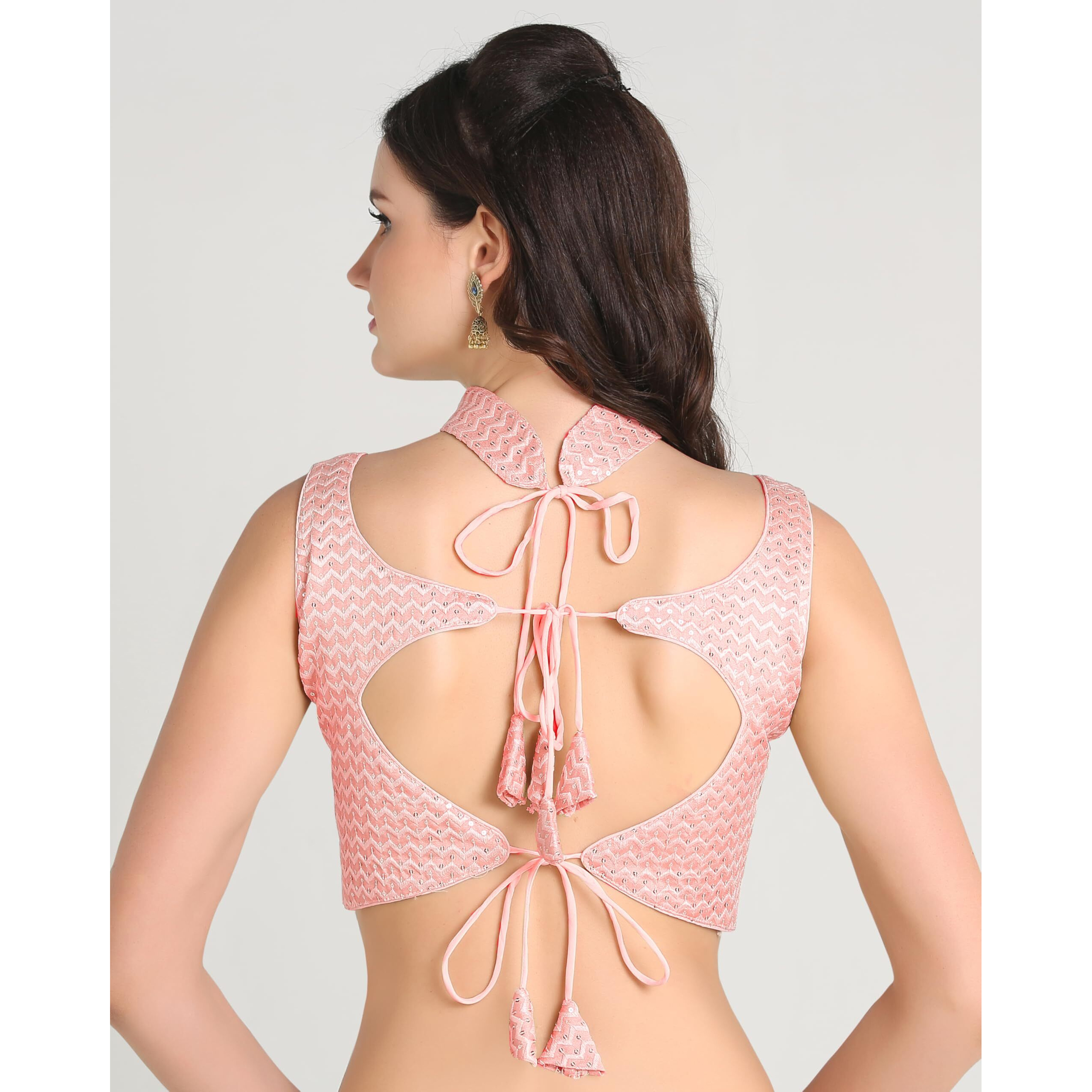 Pujia Mills Woman's Readymade Sleeveless Peach Blouse Halter Neck With String Pattern Backless Ethnic Wear Pattern Choli Blouse