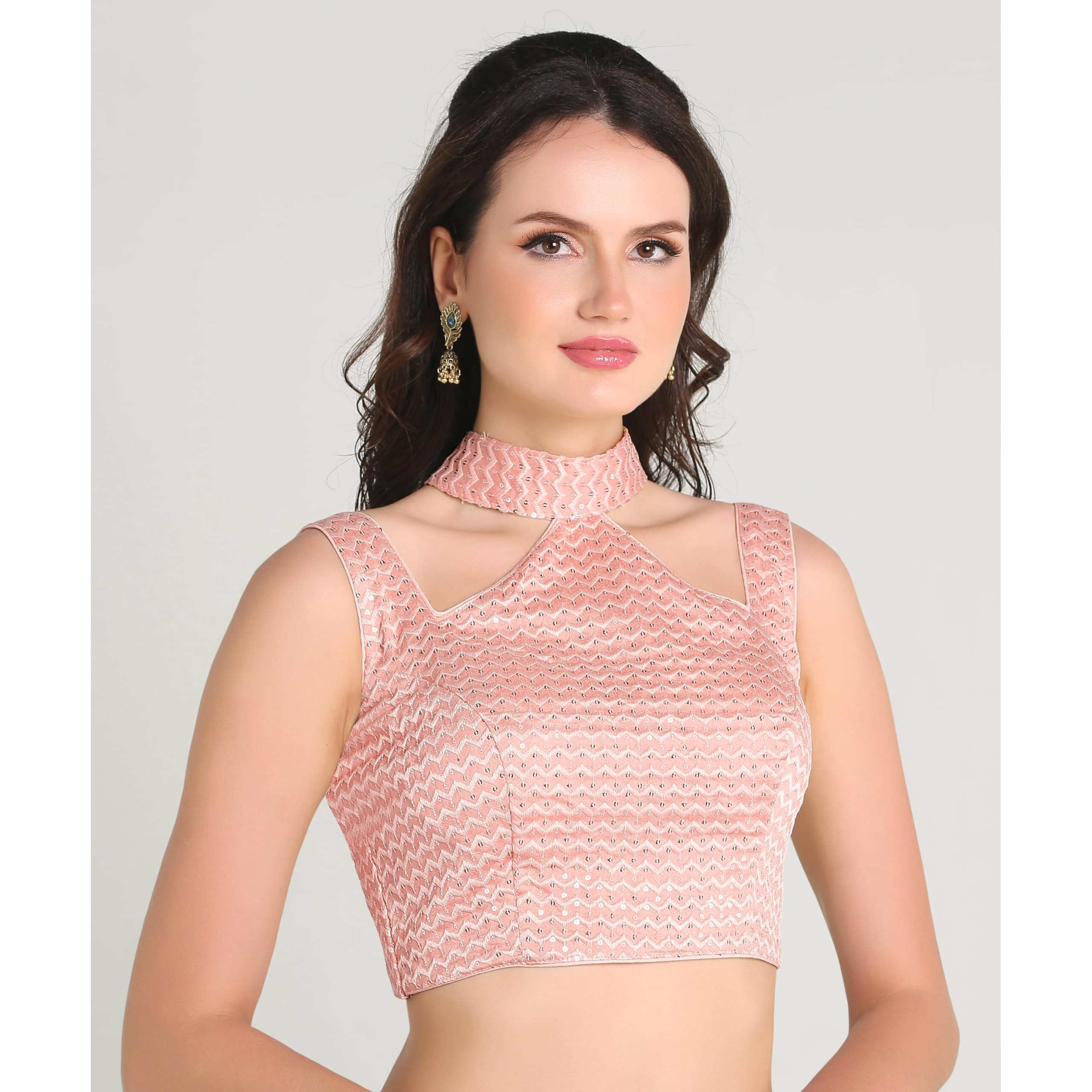 Pujia Mills Woman's Readymade Sleeveless Peach Blouse Halter Neck With String Pattern Backless Ethnic Wear Pattern Choli Blouse