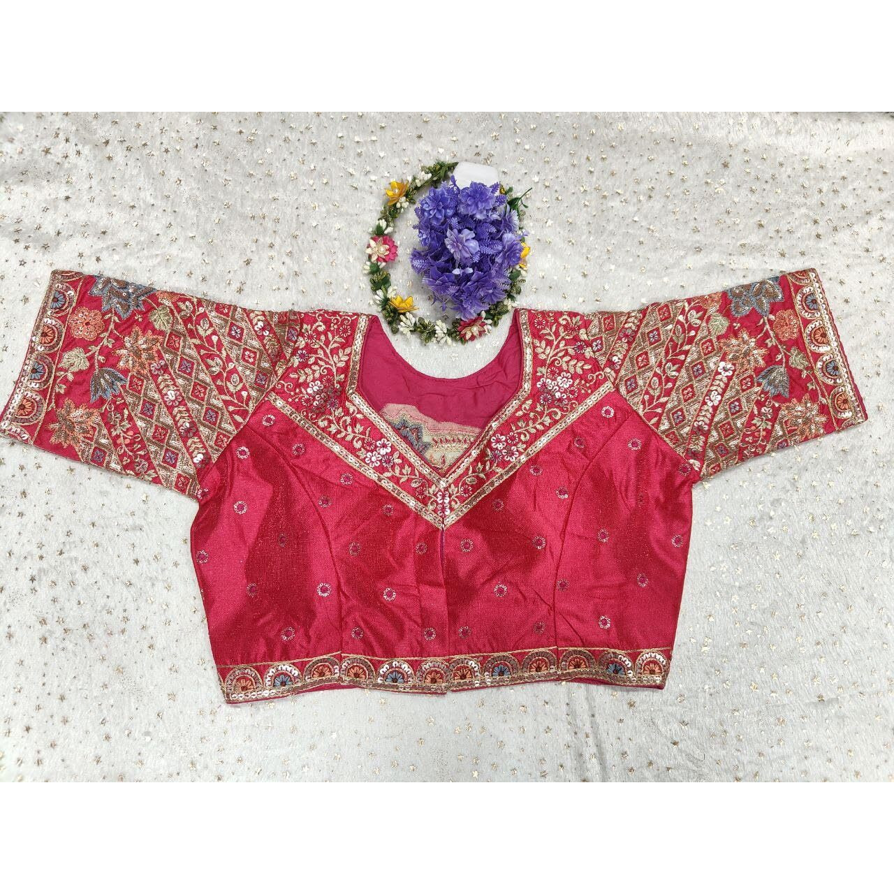 Pujia Mills Women's Ethnic Wear Golden Codding With Multi Embroidery Sequence Work Sweetheart Neck Half Sleeve Readymade Bridal Pink Saree Blouse Net Cutwork Blouse For Lehenga