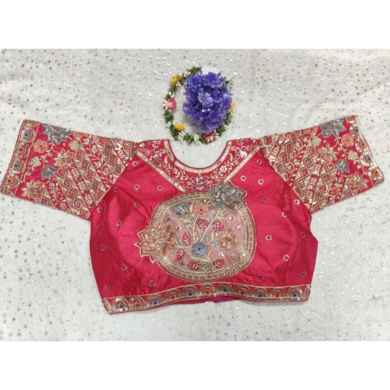 Pujia Mills Women's Ethnic Wear Golden Codding With Multi Embroidery Sequence Work Sweetheart Neck Half Sleeve Readymade Bridal Pink Saree Blouse Net Cutwork Blouse For Lehenga