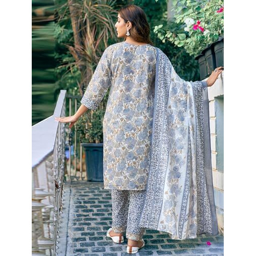 Sanisa Women's Cotton Blend Floral & Foil Printed Straight Kurta With Pant And Dupatta Set| Ethnic Set | Suit Set | Kurta Set(203Kbd2152N-S_Grey & Off White & Multi)
