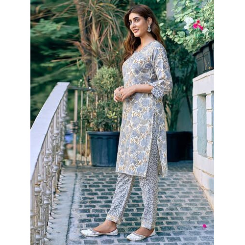 Sanisa Women's Cotton Blend Floral & Foil Printed Straight Kurta With Pant And Dupatta Set| Ethnic Set | Suit Set | Kurta Set(203Kbd2152N-S_Grey & Off White & Multi)