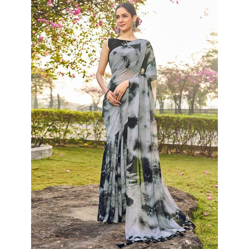 Satrani Women's Georgette Printed Saree With Unstitched Blouse Piece (3646S1371N_Grey & Black)