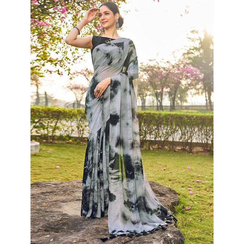 Satrani Women's Georgette Printed Saree With Unstitched Blouse Piece (3646S1371N_Grey & Black)